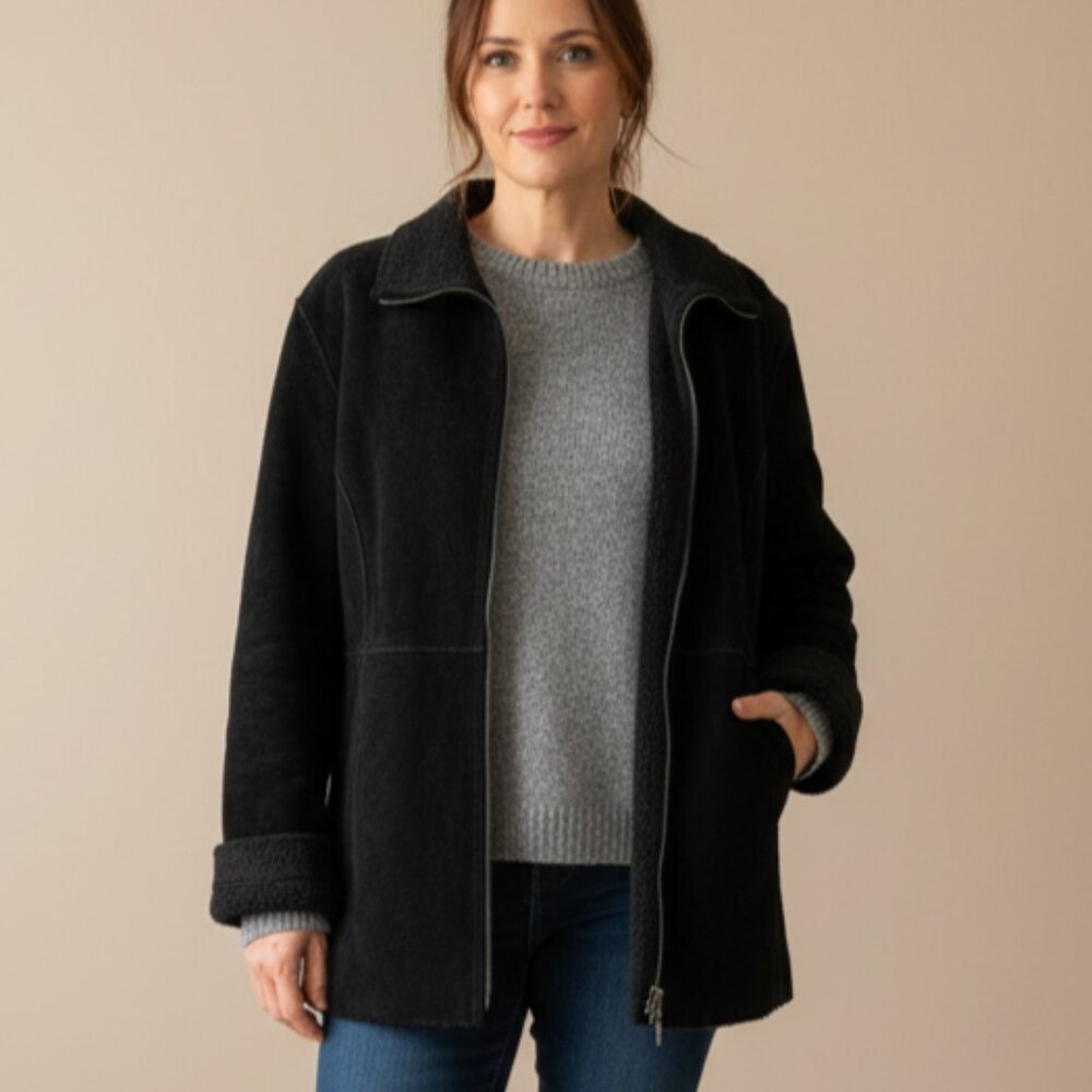 Black Suede Leather Chore Coat Jacket